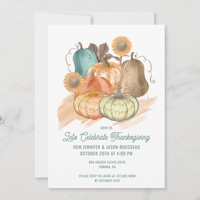 Thanksgiving Watercolor Pumpkins  Invitation (Front)