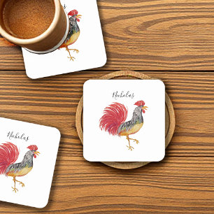 Thanksgiving Watercolor Rooster Personalised Square Paper Coaster