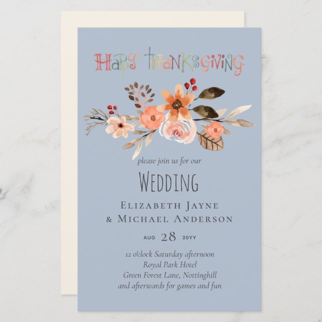 Thanksgiving Wedding Invitations Dusty Blue Orange (Front/Back)