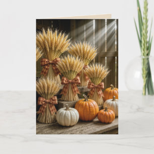 Thanksgiving Wheat Sheaves In Barn With Pumpkins Card