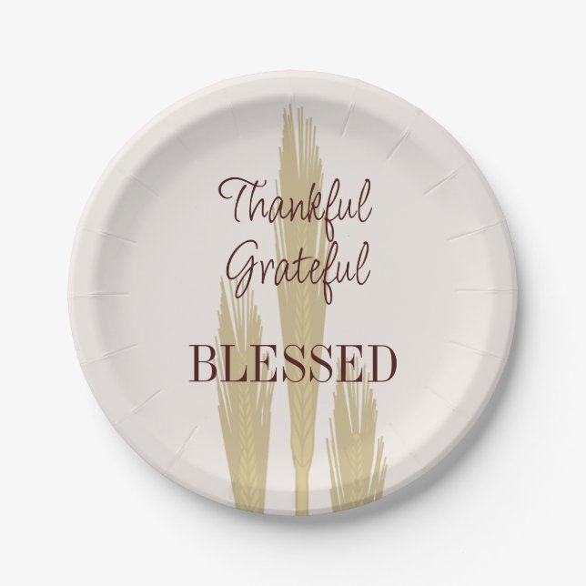 Thanksgiving Wheat Thankful Grateful Blessed 7" Paper Plate (Front)