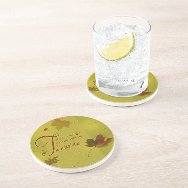 Thanksgiving Wishes Typography Leaves Coaster (Side)