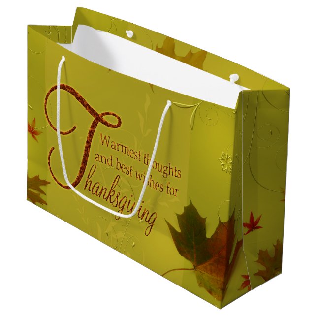 Thanksgiving Wishes Typography Leaves Large Gift Bag (Front Angled)