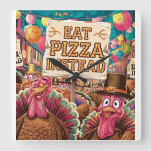 Thanksgiving with pizza square wall clock