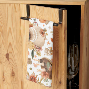 Thanksgiving with Pumpkin and Flower for Cat Lover Tea Towel