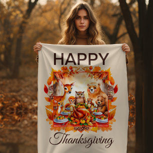 Thanksgiving Woodland Animals Autumn Leaves Fleece Blanket