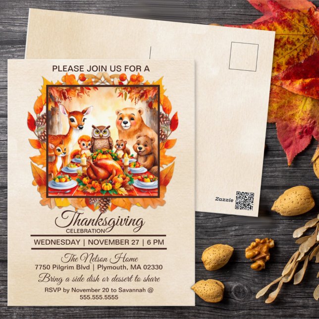 Thanksgiving Woodland Animals Autumn Leaves Postcard (Creator Uploaded)