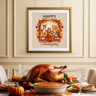 Thanksgiving Woodland Animals Autumn Leaves Poster