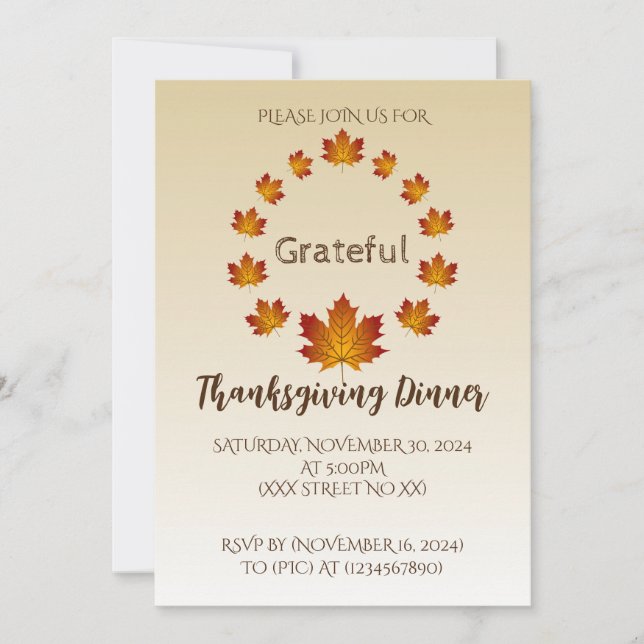 Thanksgiving Wreath Grateful Simple Maple Leaves Invitation (Front)