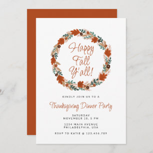 Thanksgiving Wreath Happy Fall Y’all Dinner Invitation