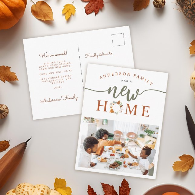 Thanksgiving Wreath Photo New Home Holiday Moving Announcement Postcard (Creator Uploaded)