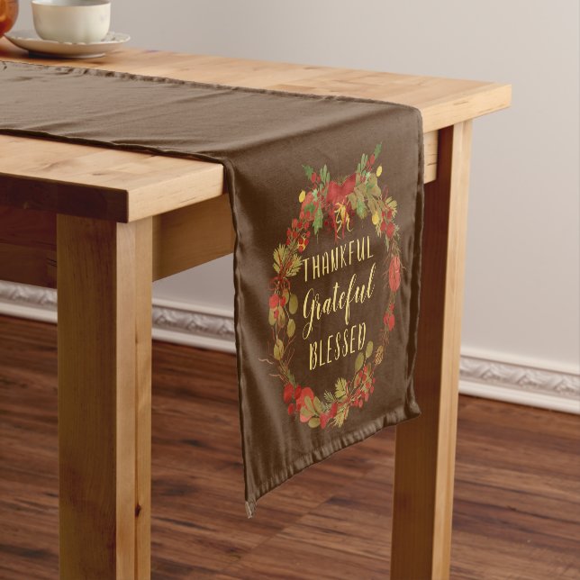 Thanksgiving Wreath Thankful Grateful Blessed Short Table Runner (In Situ)