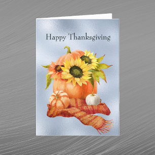 Thanksgiving Yellow Sunflowers Pumpkin Red Scarf Holiday Card