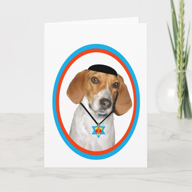 Thanksgivukkah Funny Hound Dog with Yamaka Holiday Card (Front)