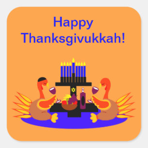 Thanksgivukkah Stickers Wine Toasting Turkeys