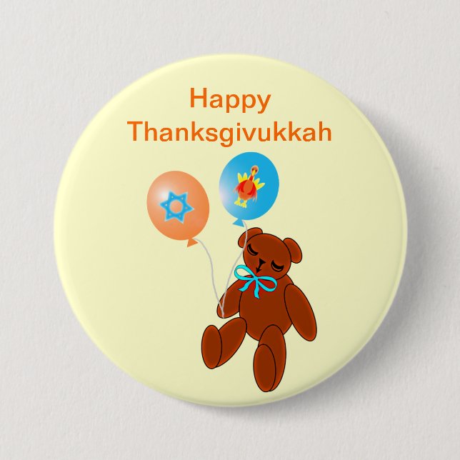 Thanksgivukkah Teddy Bear with Balloons Button (Front)