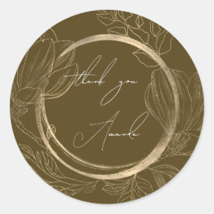 ThankYou Name Floral Brown Gold Wedding Bridal  Classic Round Sticker