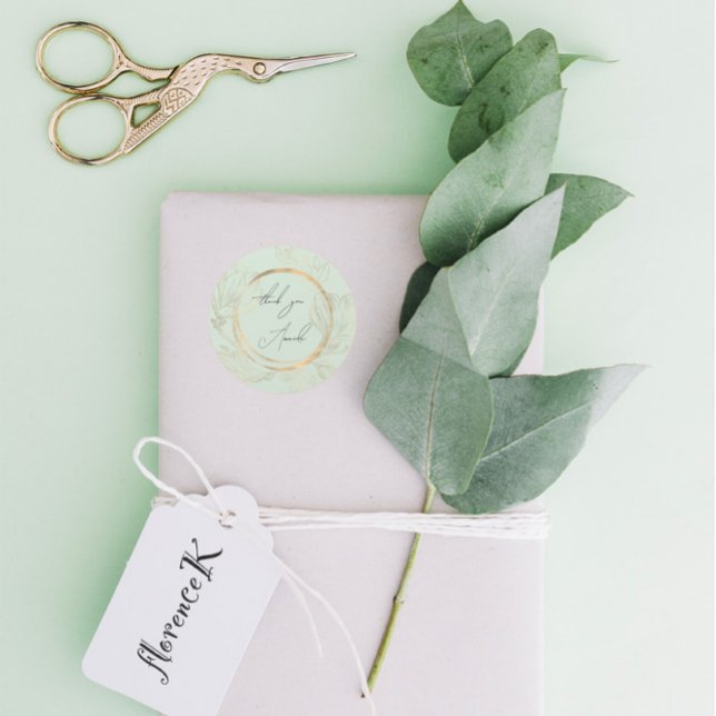 ThankYou Name Floral Green Gold Wedding Bridal   Classic Round Sticker (ThankYou Name Floral Green Gold Wedding Bridal Classic Round Sticker)