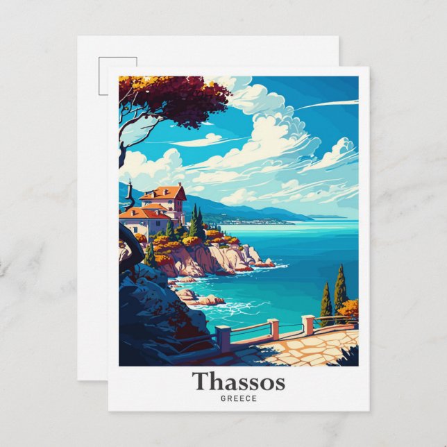 Thassos Greece Art Vintage Travel Illustration Postcard (Front/Back)