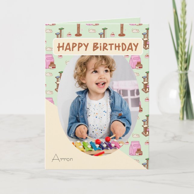 That Cat Life Cat Pattern Photo Name Birthday Card (Front)