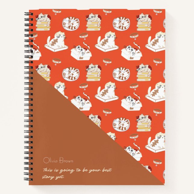 That Cat Life Cat Pattern Red Brown with Name Notebook (Front)