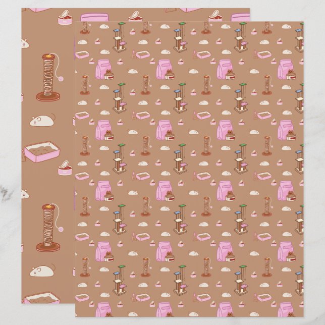 That Cat Life Toy Pattern Brown Scrapbooking Paper (Front/Back)