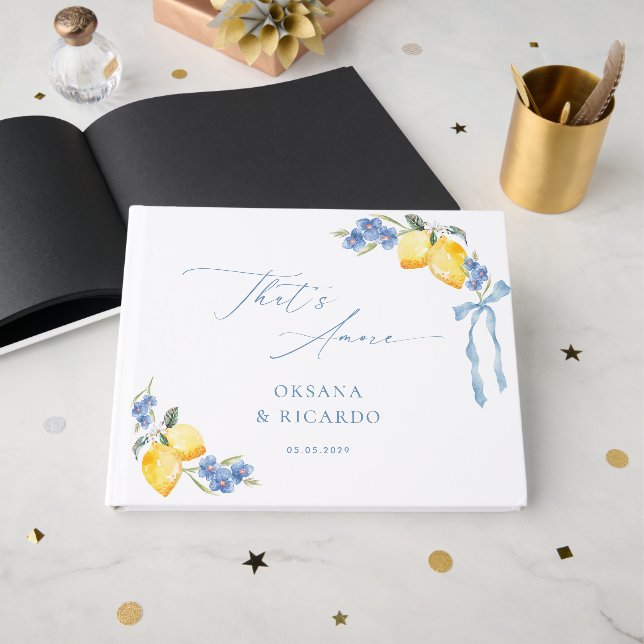 That's Amore Blue Bow Lemons Italian Wedding Guest Book (Front Open)