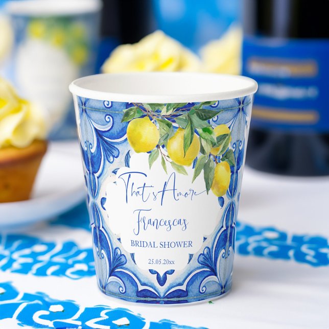 That's amore Blue tile lemon Italian bridal shower Paper Cups (That's amore Blue tiles lemons vintage Italian bridal shower monogram printed Paper Cups table decor)
