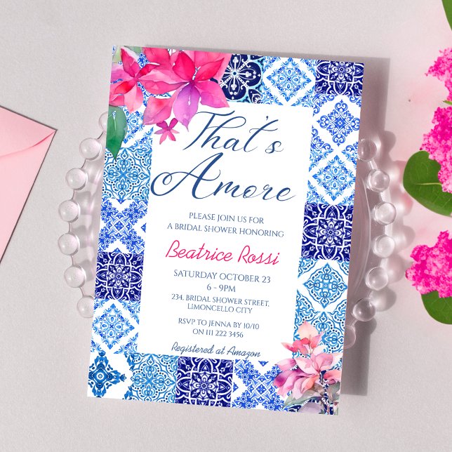 That's Amore Blue Tiles Floral Bridal Shower Invitation (That's Amore Blue Tiles Floral Bougainvillea Bridal Shower Invitation)