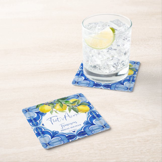 Thats amore Blue tiles Italian bridal shower favou Square Paper Coaster (Insitu)
