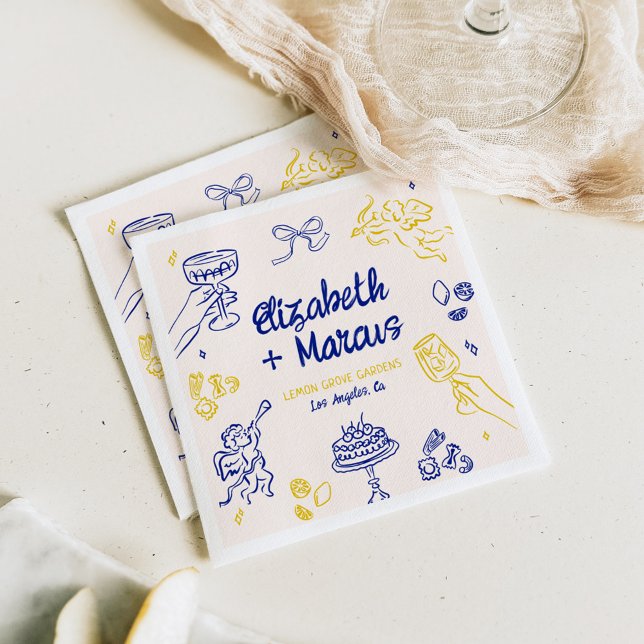That's Amore! Blue & Yellow Italian Engagement Napkin (Creator Uploaded)
