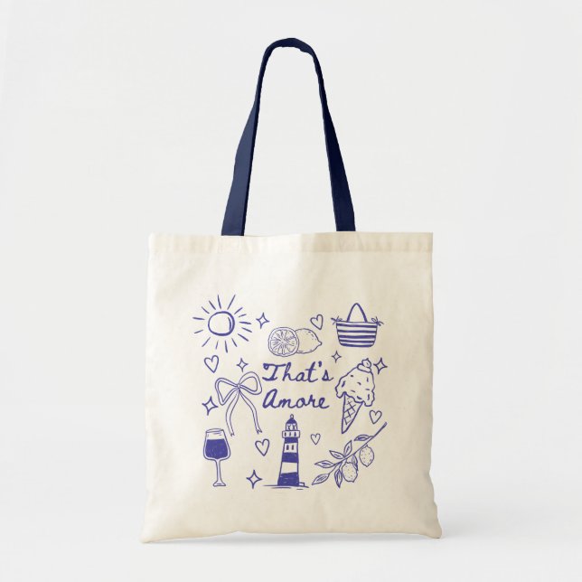 That's Amore Cute Blue Coquette Bow Italian Summer Tote Bag (Front)
