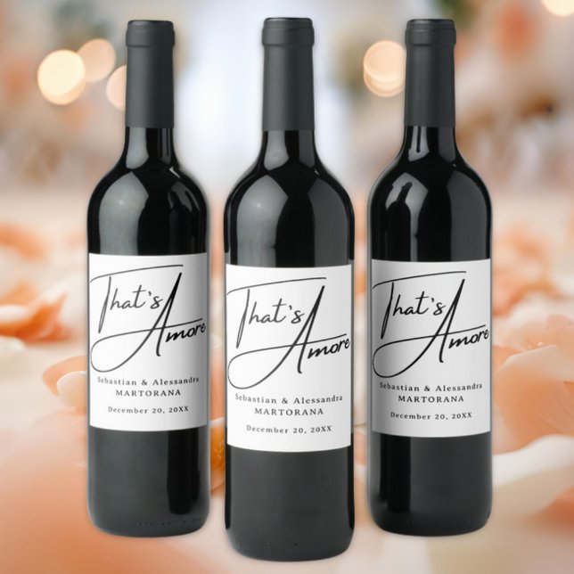 That's Amore! Elegant Black Script Wedding Wine Label (That's Amore Elegant Script Wedding, engagement, or anniversary with custom names and date)