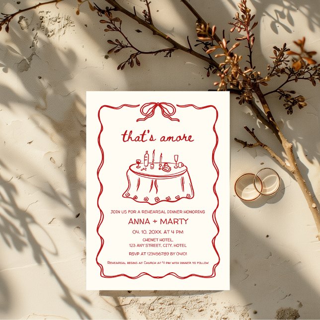 That's amore Hand-illustrated Red Rehearsal Dinner Invitation (That's amore Red Wedding Rehearsal Dinner Hand Drawn Invitation)
