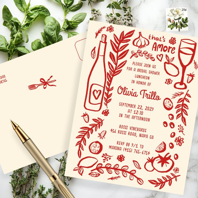 That's Amore Italian Food CUSTOM Bridal Shower Postcard (That's Amore Italian Food Hand-drawn Doodle CUSTOM Bridal Shower Invitation Postcard
)