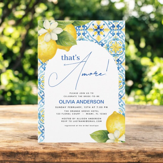 That's Amore Italian Lemon Blue Tile Bridal Shower Invitation (Creator Uploaded)