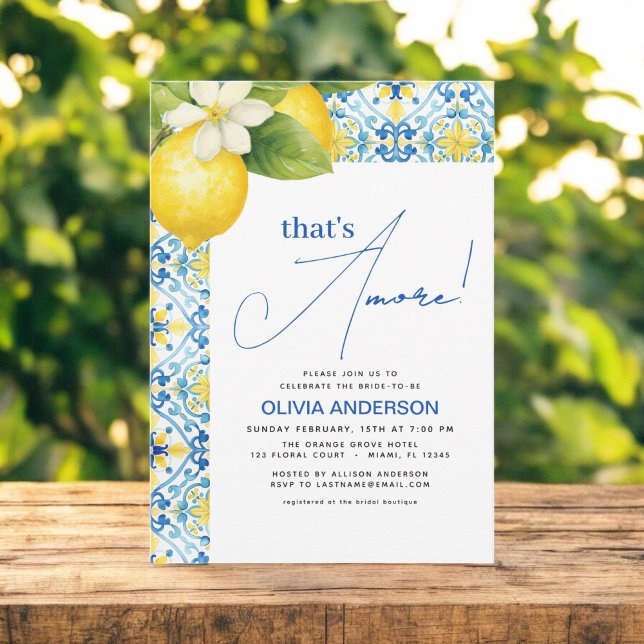 That's Amore Italian Lemon Blue Tile Bridal Shower Invitation (Creator Uploaded)