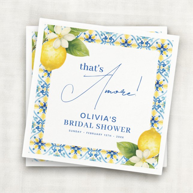 That's Amore Italian Lemon Blue Tile Bridal Shower Napkin (Creator Uploaded)