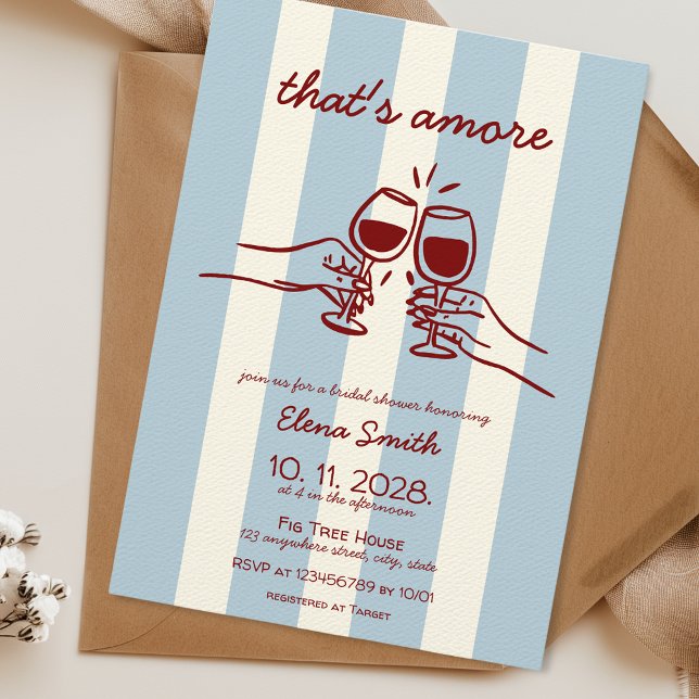 That's amore Italian Wine Bridal Shower Hand drawn Invitation (that's amore bridal shower invitation hand drawn Italian inspired co-ed shower red blue wine pizza)