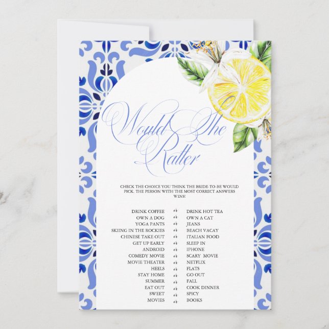 That's Amore Lemon Italian Blue Tile Bridal Shower Invitation (Front)