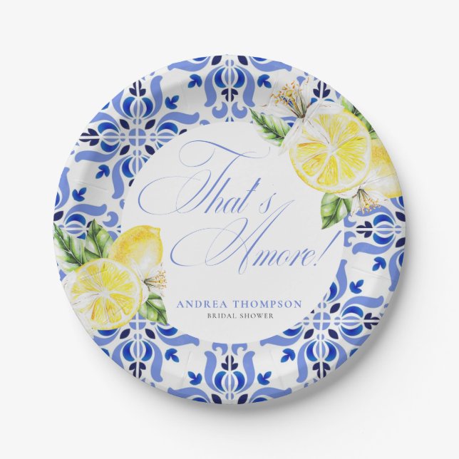 That's Amore Lemon Italian Blue Tile Bridal Shower Paper Plate (Front)