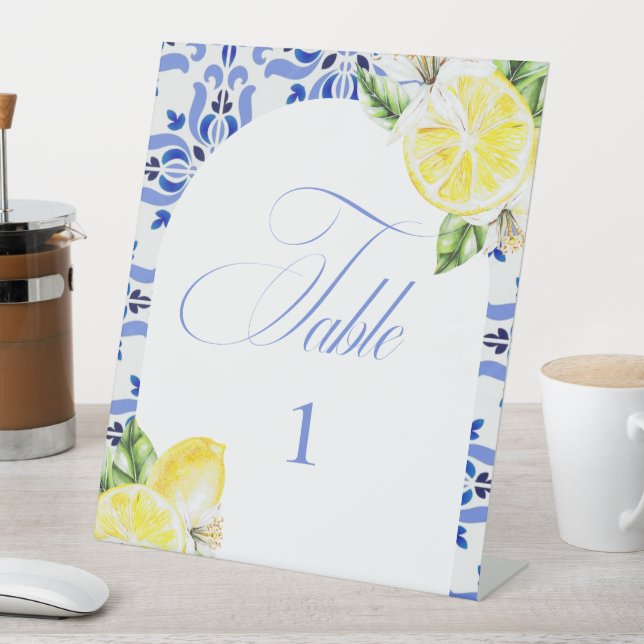 That's Amore Lemon Italian Blue Tile Bridal Shower Pedestal Sign (In SItu)
