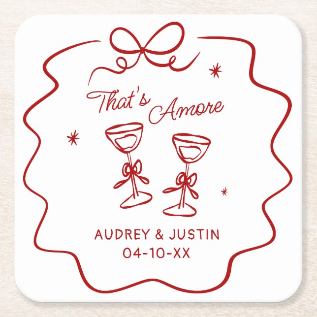 That's Amore, Red Doodle Personalised Square Paper Coaster (Front)