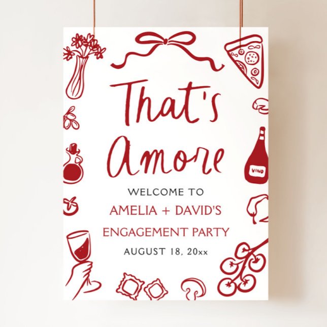 That's Amore Red Italian Engagement Party Welcome Poster (That's Amore Red Italian Engagement Party Welcome Sign)