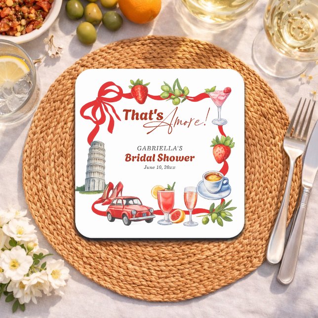 That's Amore Whimsical Italian Bridal Shower Square Paper Coaster (Creator Uploaded)