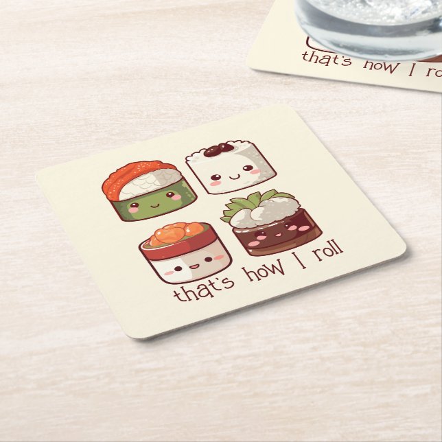 That's How I Roll Kawaii Sushi Square Paper Coaster (Angled)