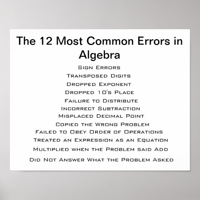 The 12 Most Common Algebra Errors Poster (Front)