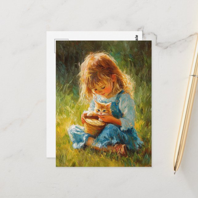 The Adorable Little Girl and Her Kitten Postcard (Front/Back In Situ)