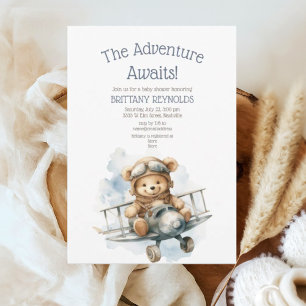 The Adventure Awaits Aeroplane Bear Baby Shower Invitation