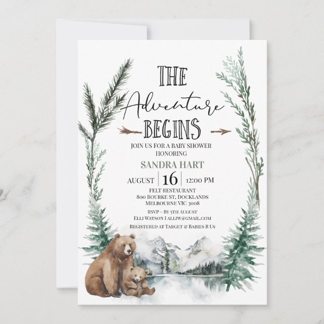 The Adventure Begins Bear Wilderness Baby Shower Invitation (Front)